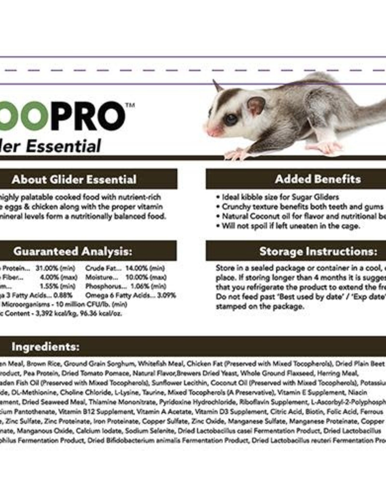 EXOTIC NUTRITION EXOTIC NUTRITION- EN4146- ZOOPRO- 6X8X2- GLIDER- ESSENTIAL- DIET 1.75 LB