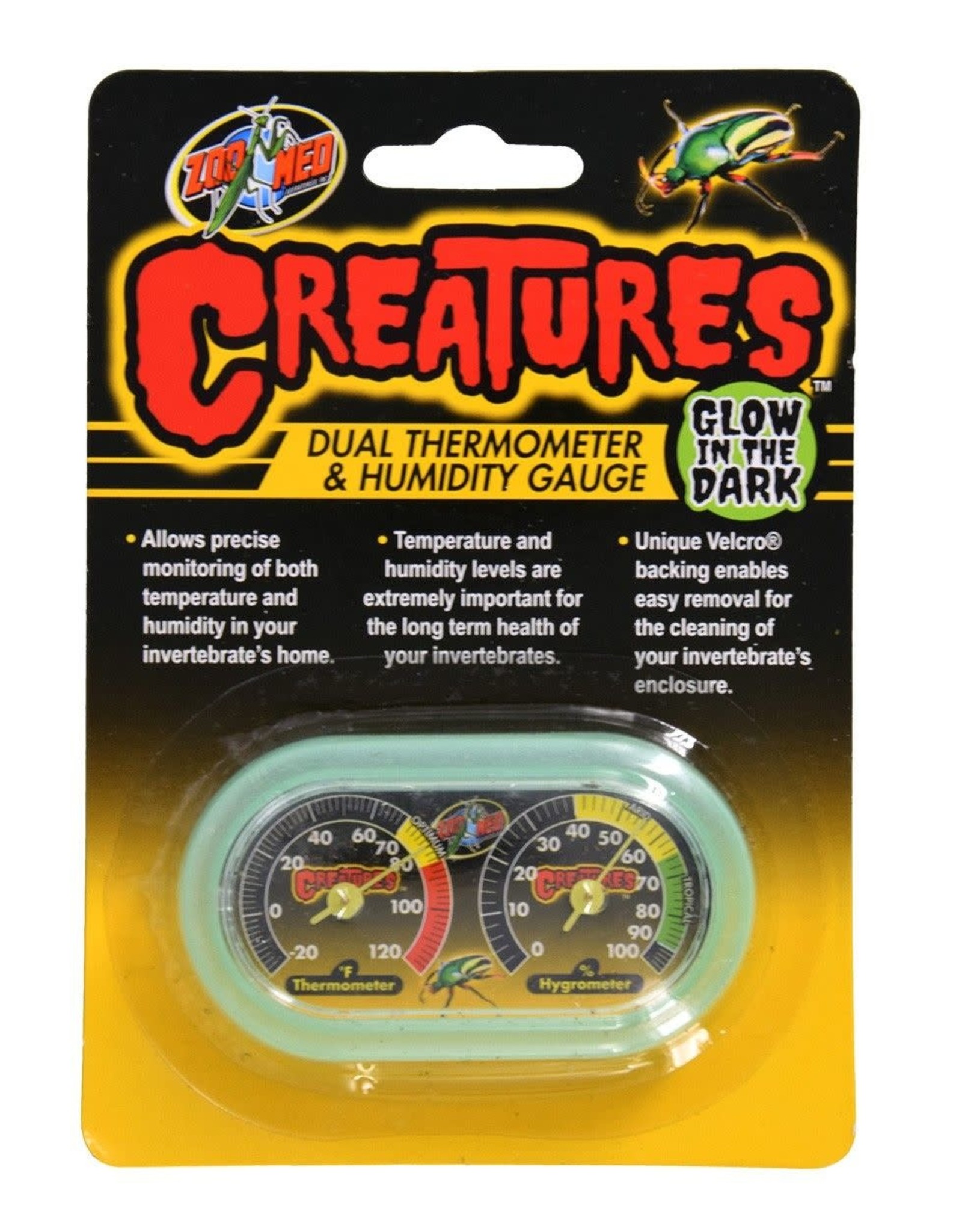 ZOO MED LABORATORIES, INC. ZOO MED- CT-11G- CREATURES- DUAL THERMOMETER AND HUMIDITY  GAUGE- GLOW IN THE DARK- 1.5X3X.25