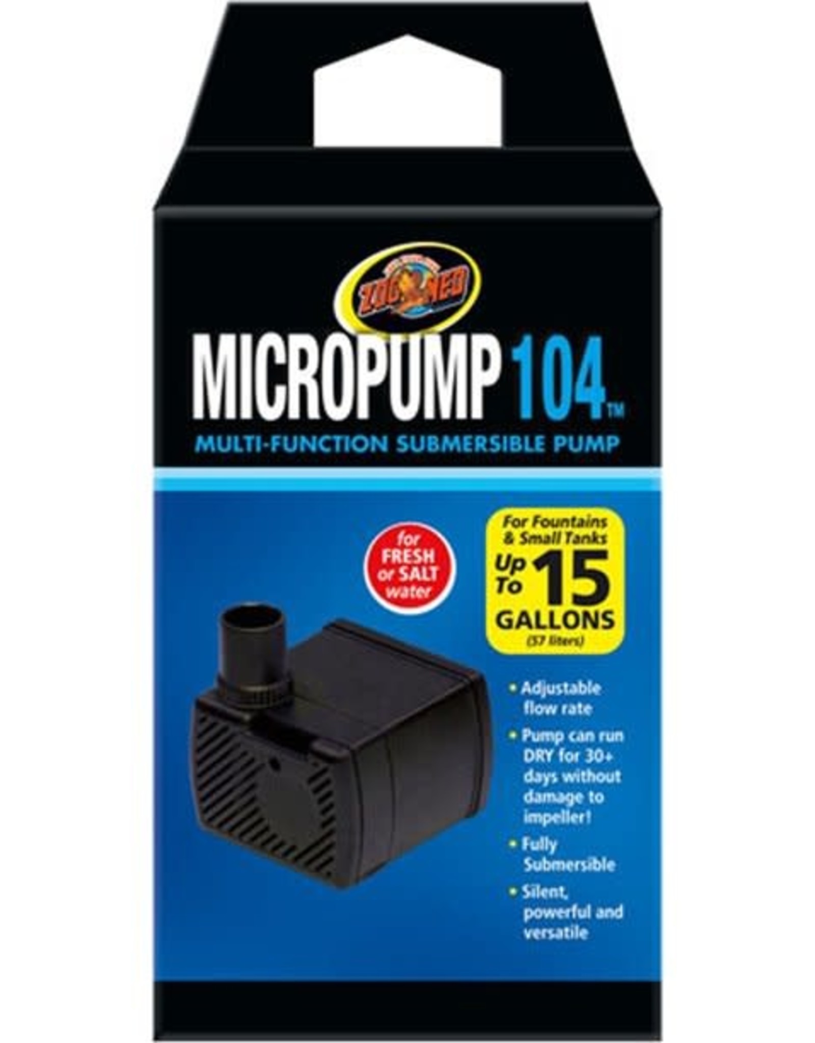 ZOO MED LABORATORIES, INC. ZOO MED- MP-10- MICRO PUMP 104- SUBMERSIBLE- ADJUSTABLE FLOW- 1.50X1.75X1.25