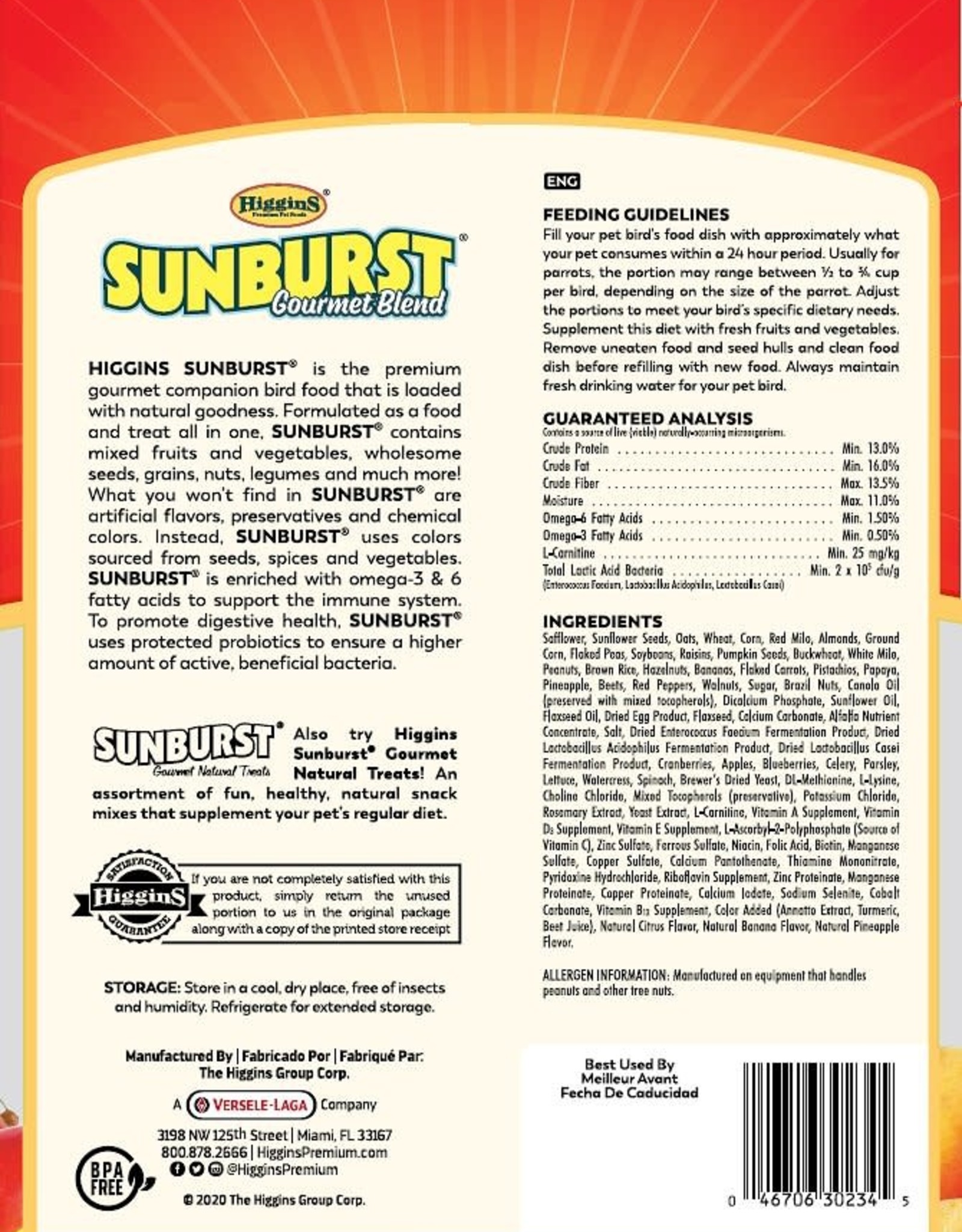 HIGGINS PREMIUM PET FOODS BIN #117- HIGGINS- SUNBURST- 5X5X5- PARROT- PER  LB