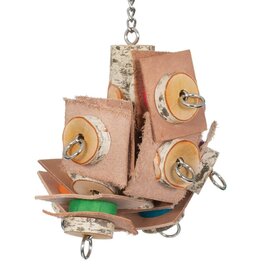 THE LEATHER ELVES 308- BIRD TOY- LEATHER AND WOOD- BIRCH TREE- WITH COLORED SLICES- LARGE