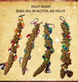 MILLET HOLDER- 9X2X2- WITH BEADS, MILLET, AND BELL *COLORS/STYLES VARY