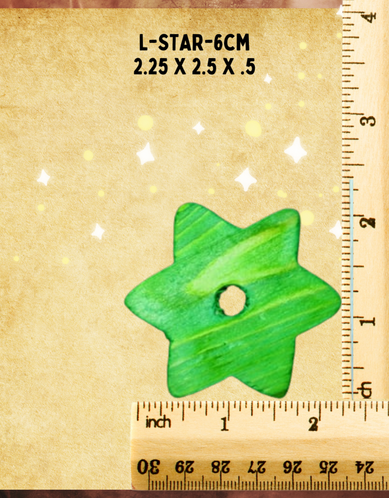TOY  MAKING- BEAD- WOOD- 2.25X2.25X.5- 1/2 " HOLE- STAR- 6CM