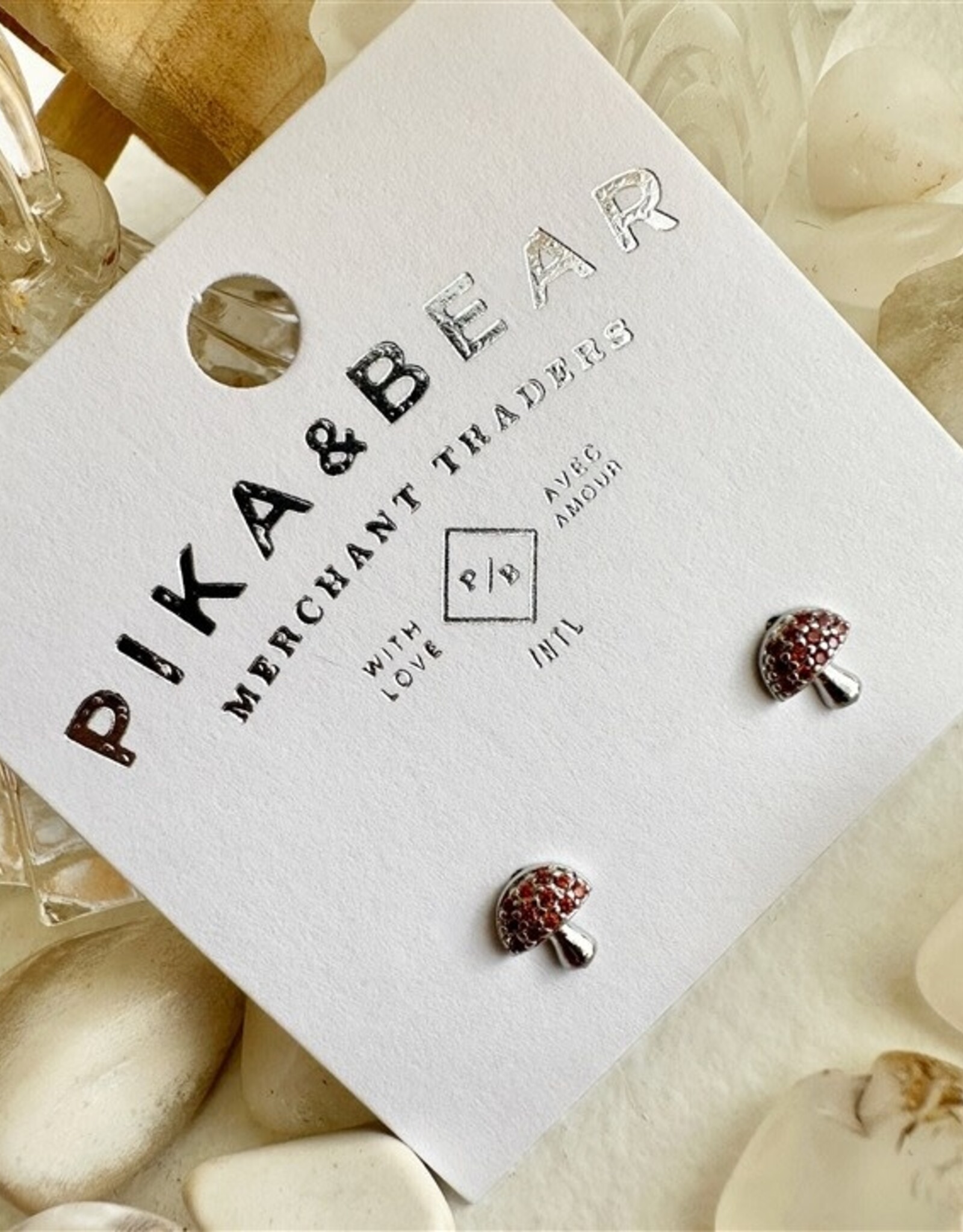 "Peyo" Silver Gem Encrusted Mushroom Stud Earrings with Sterling Silver Posts