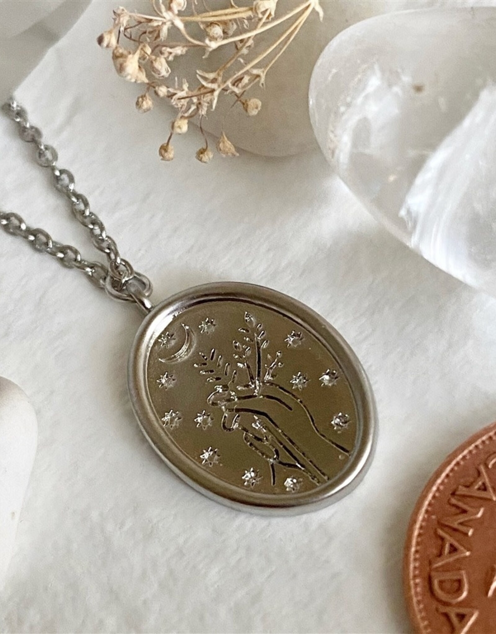 "Demeter" Silver Floral Stamped Charm Necklace