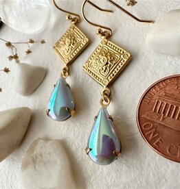 "Nogales Aurora" Brass Medallion Earrings with Blue Aurora Borealis Drops