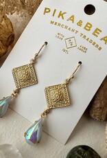 "Nogales Aurora" Brass Medallion Earrings with Blue Aurora Borealis Drops