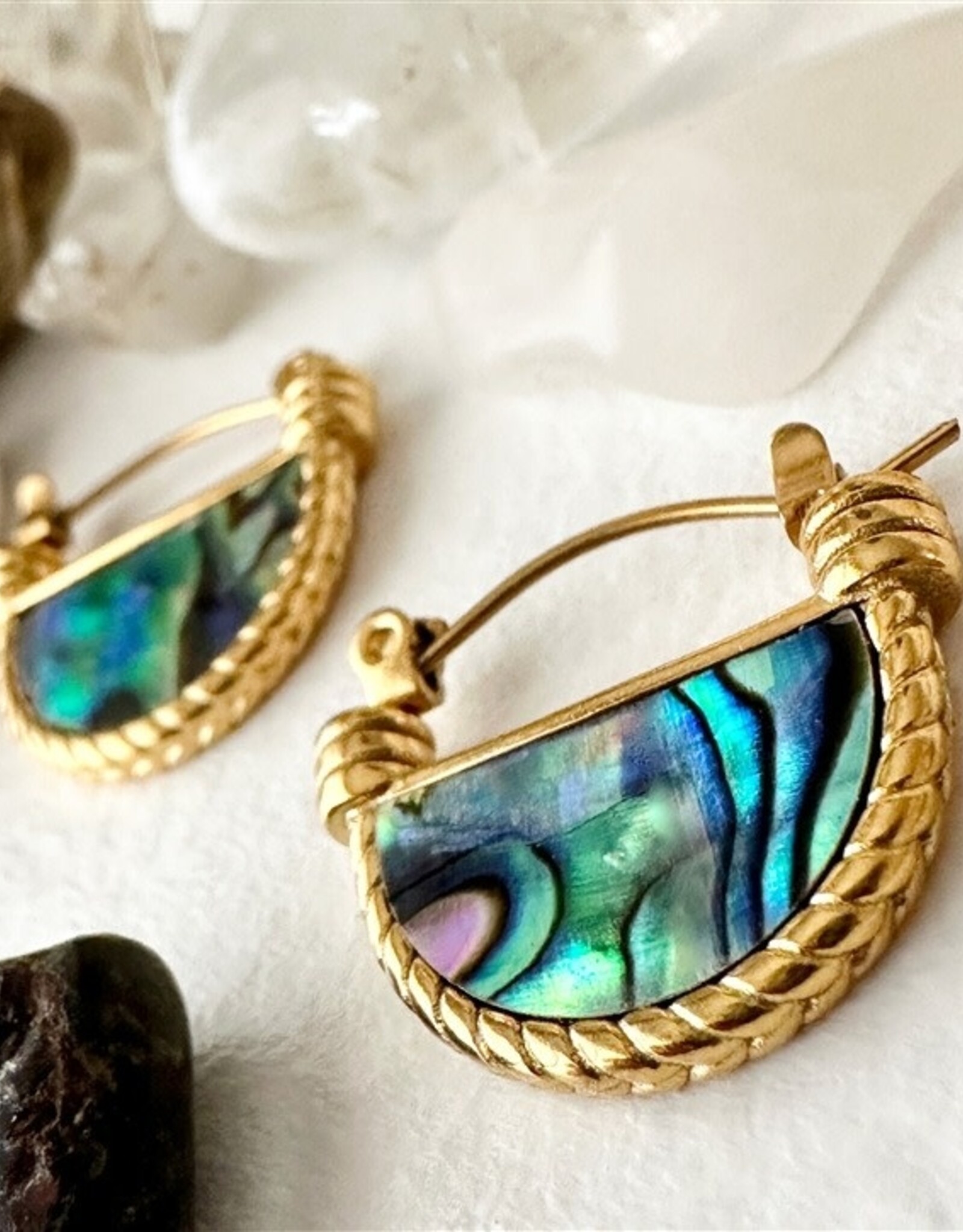 "Mykonos" Fan Hoop Earrings in Gold and Natural Shell - Abalone
