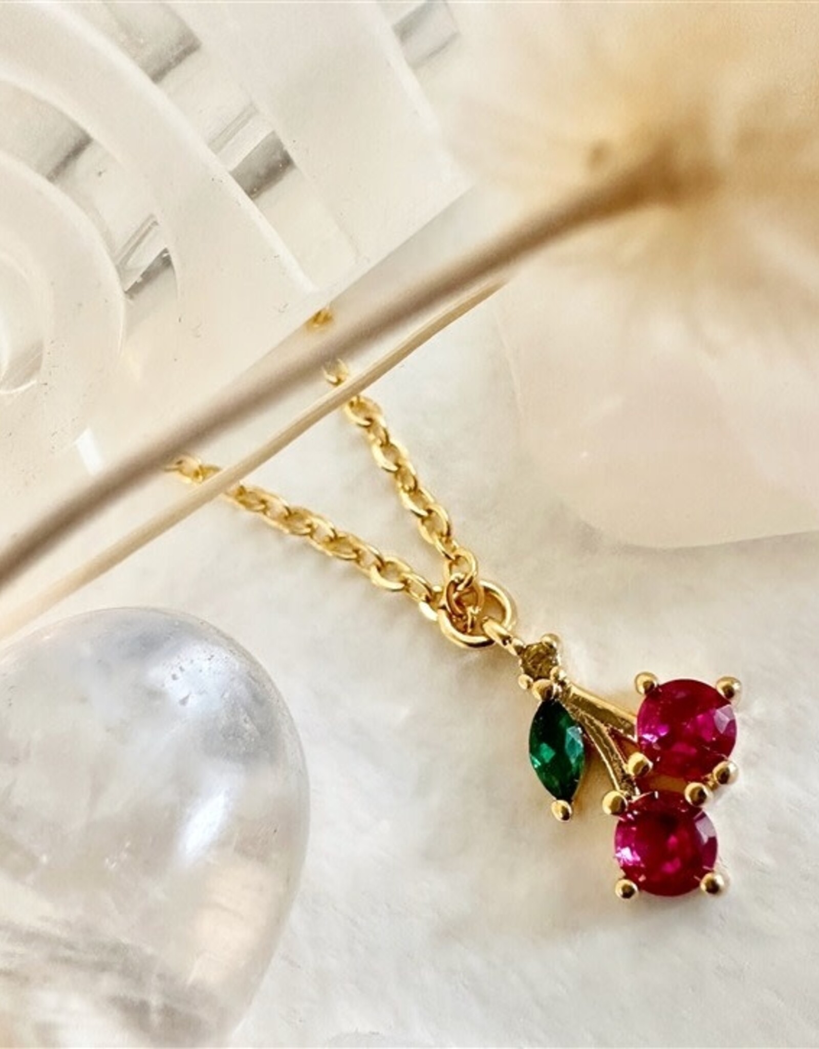 "Pomona" Tiny Rhinestone Cherry Charm Necklace