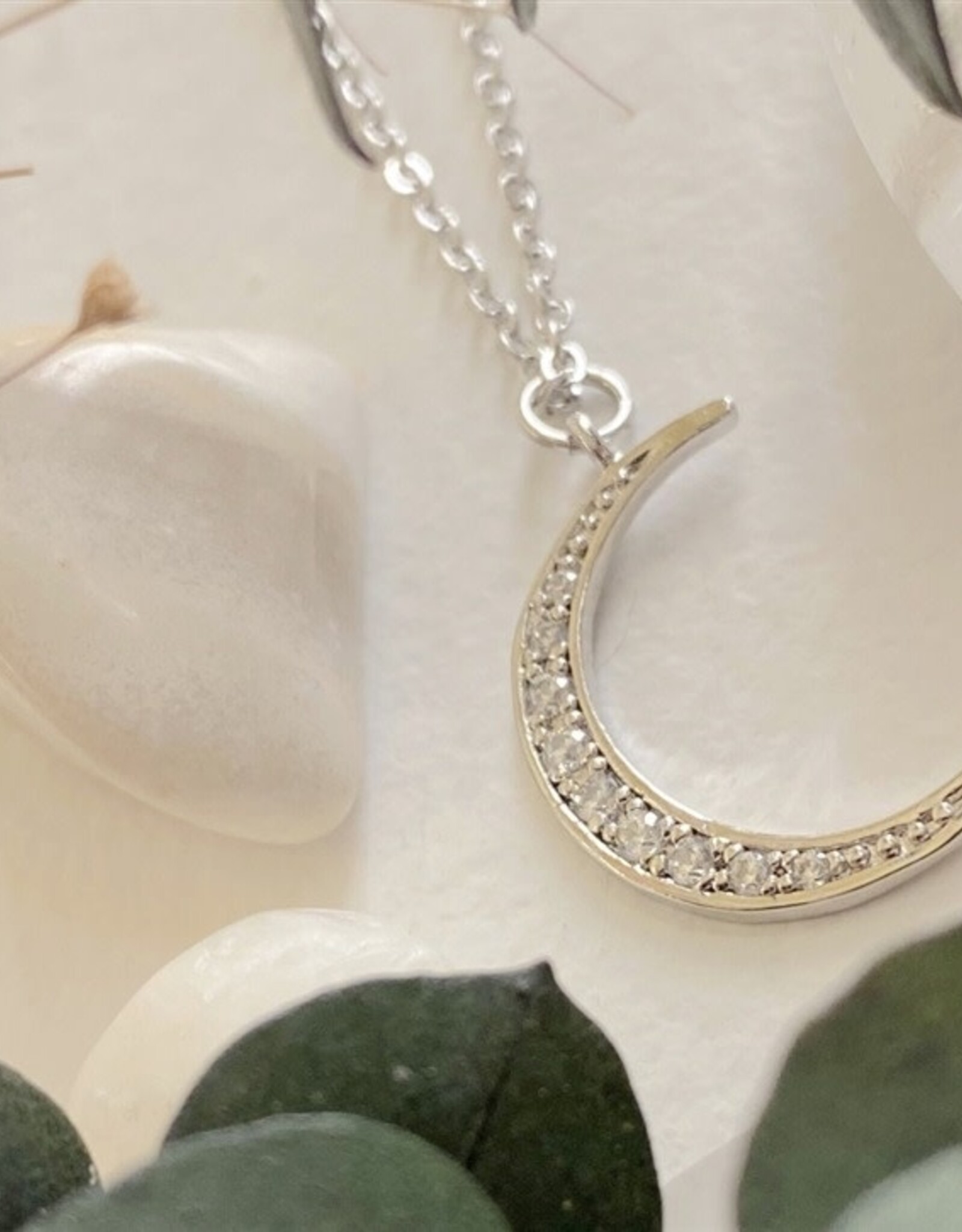 "La Lune" Rhinestone Moon Charm Necklace in Silver