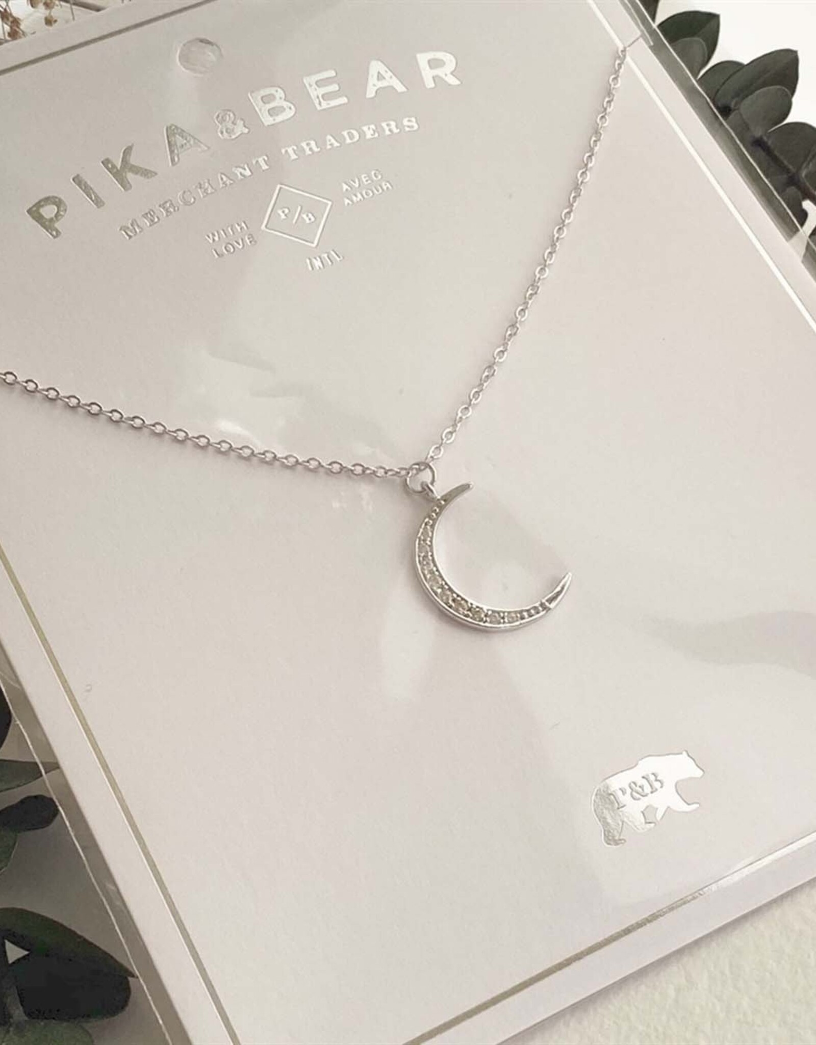 "La Lune" Rhinestone Moon Charm Necklace in Silver