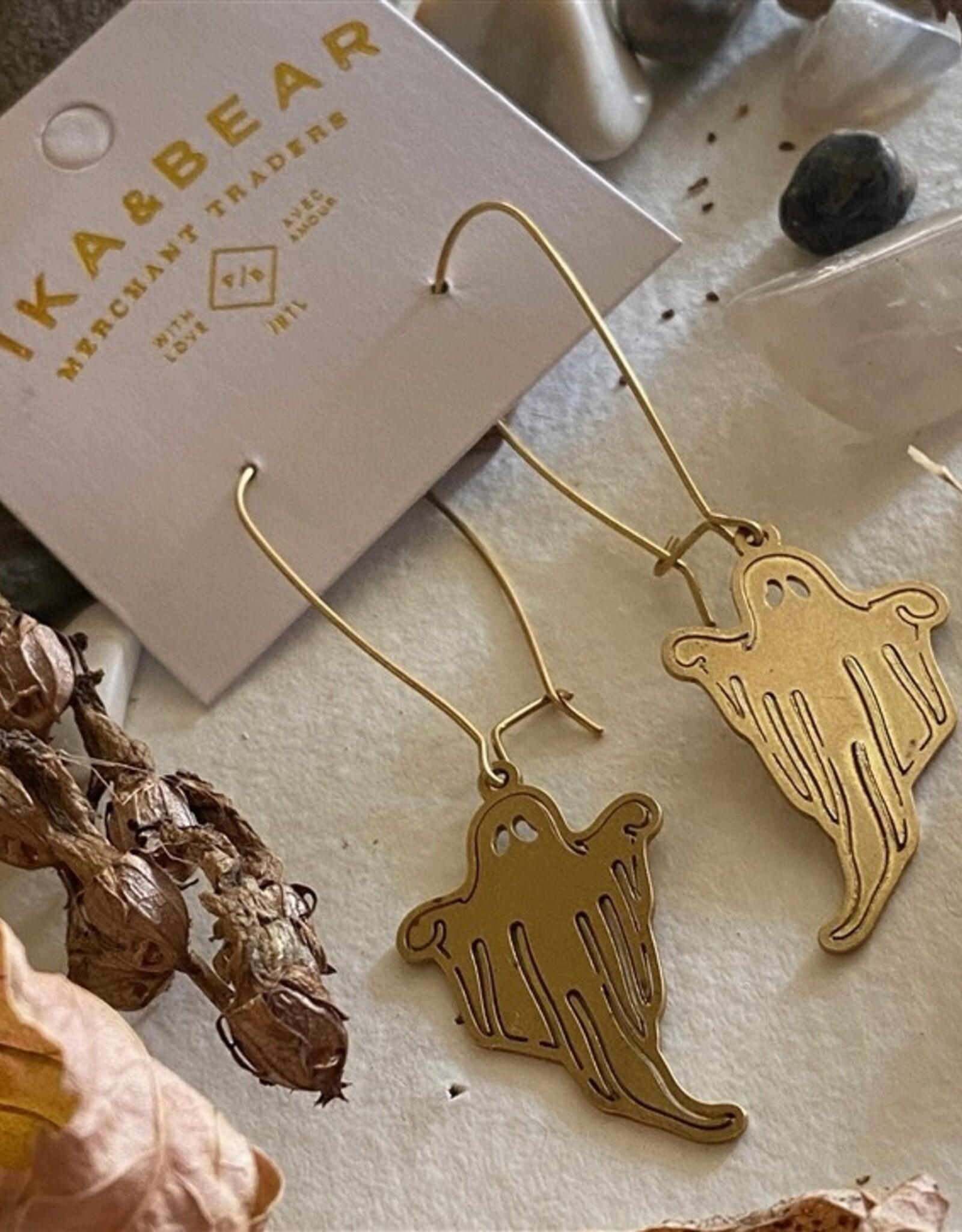 "Spectre" Terrifying Ghost Kidney Wire Drop Earrings in Raw Brass