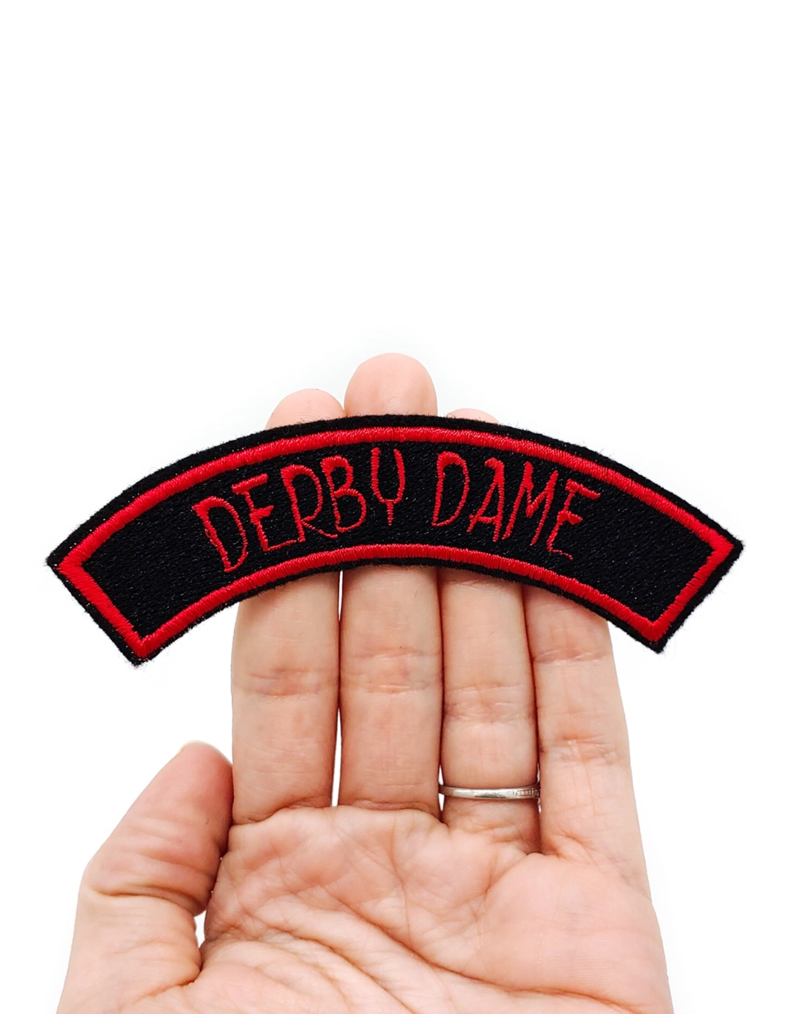 Derby Dame Curved Small Rocker Iron On Embroidered Patch