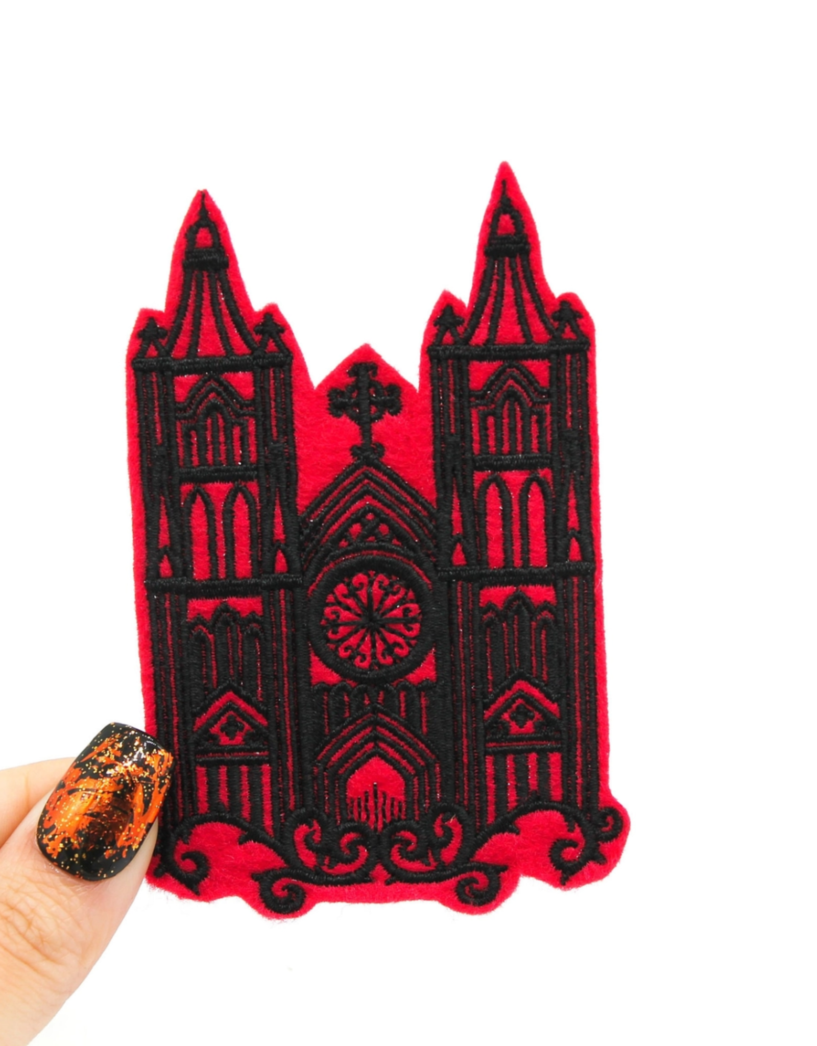 Gothic Cathedral Red and Black Embroidered Iron On Patch