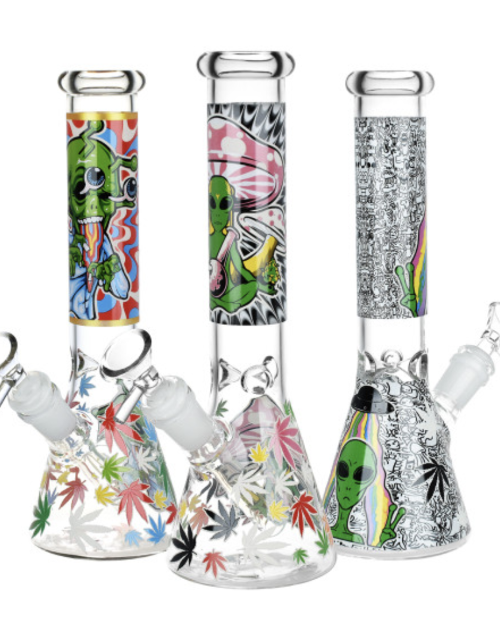 10" Aliens & Hemp Leaves Glow Beaker