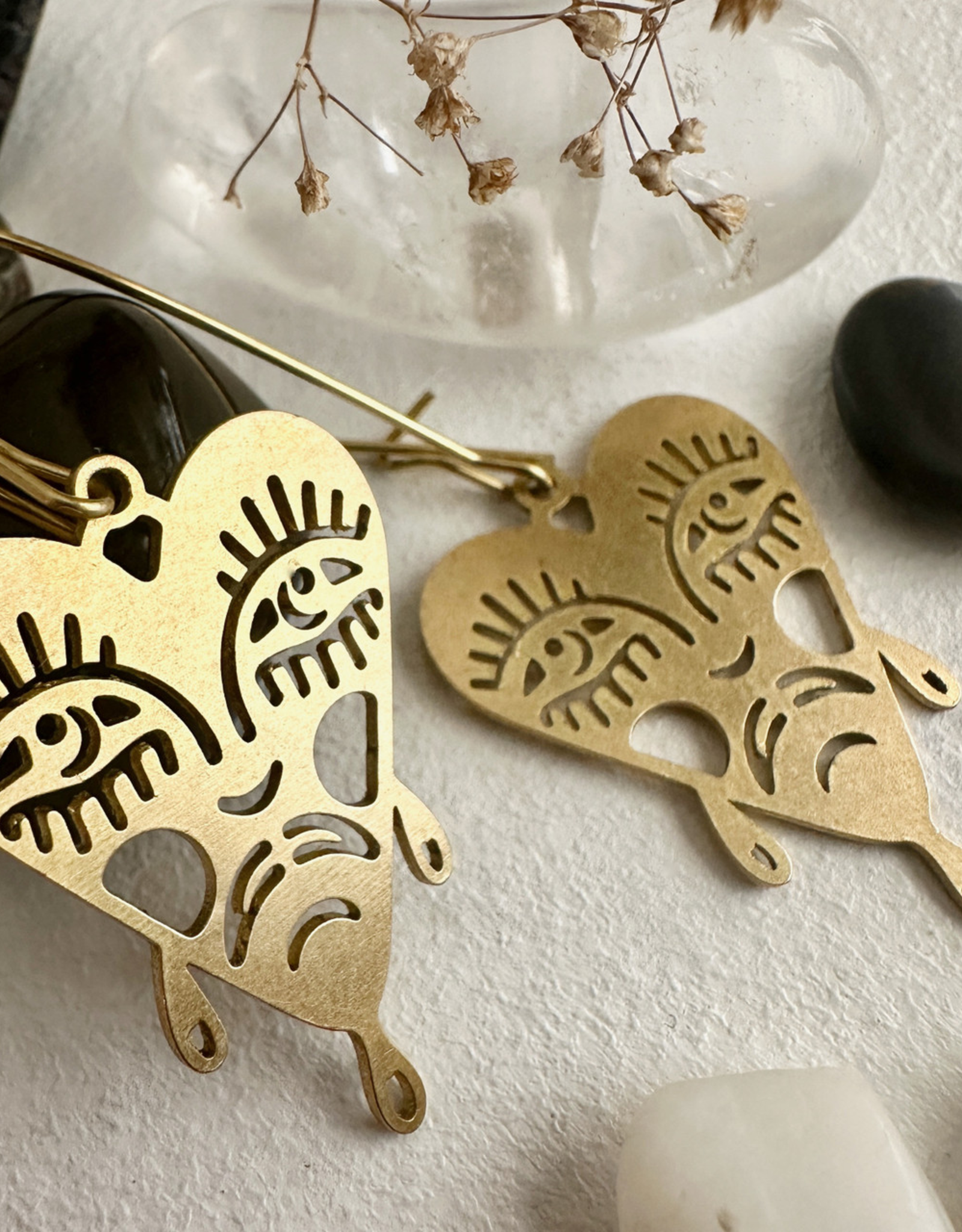 "Boulevard of Broken Dreams" Raw Brass Crying Heart Face Drop Earrings