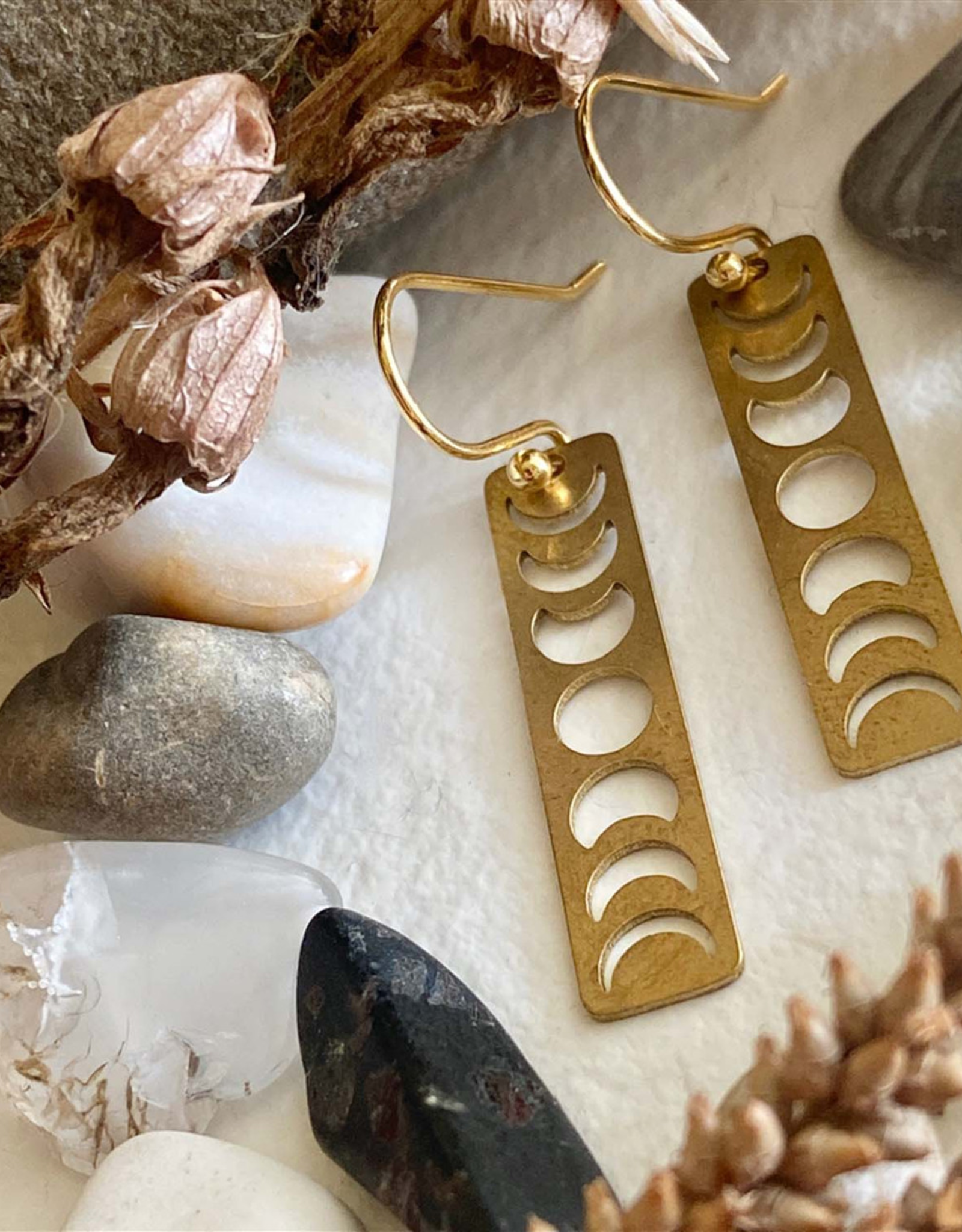 "Gibbous" Moon Phase Earrings in Raw Brass