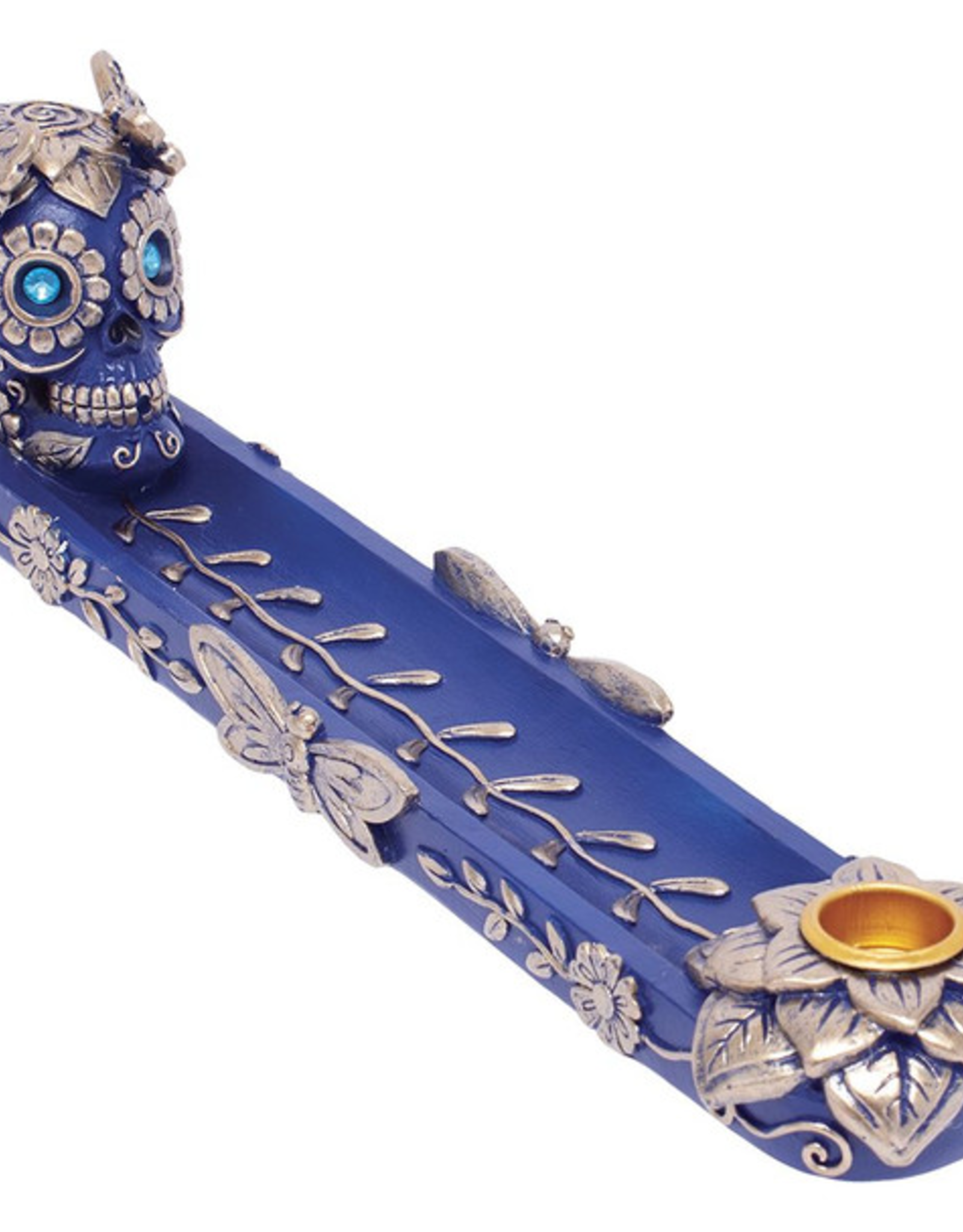 11" Golden Blue Skull & Butterfly Stick & Cone Polyresin Incense Burner