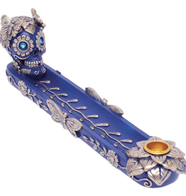 11" Golden Blue Skull & Butterfly Stick & Cone Polyresin Incense Burner