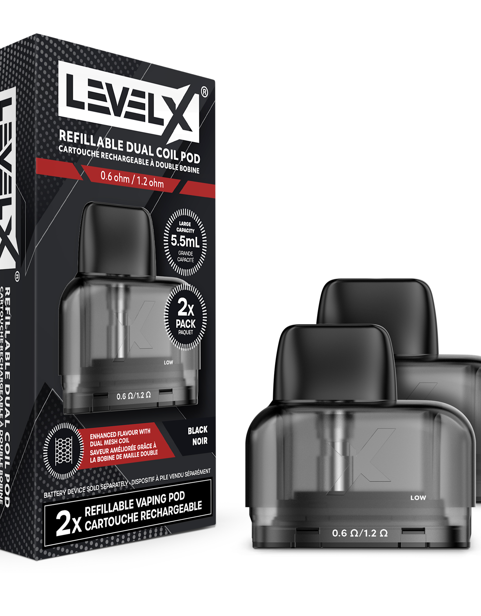 Level X Refillable Dual Coil Pod 5.5mL 0.6/1.2ohm (2 Pack)