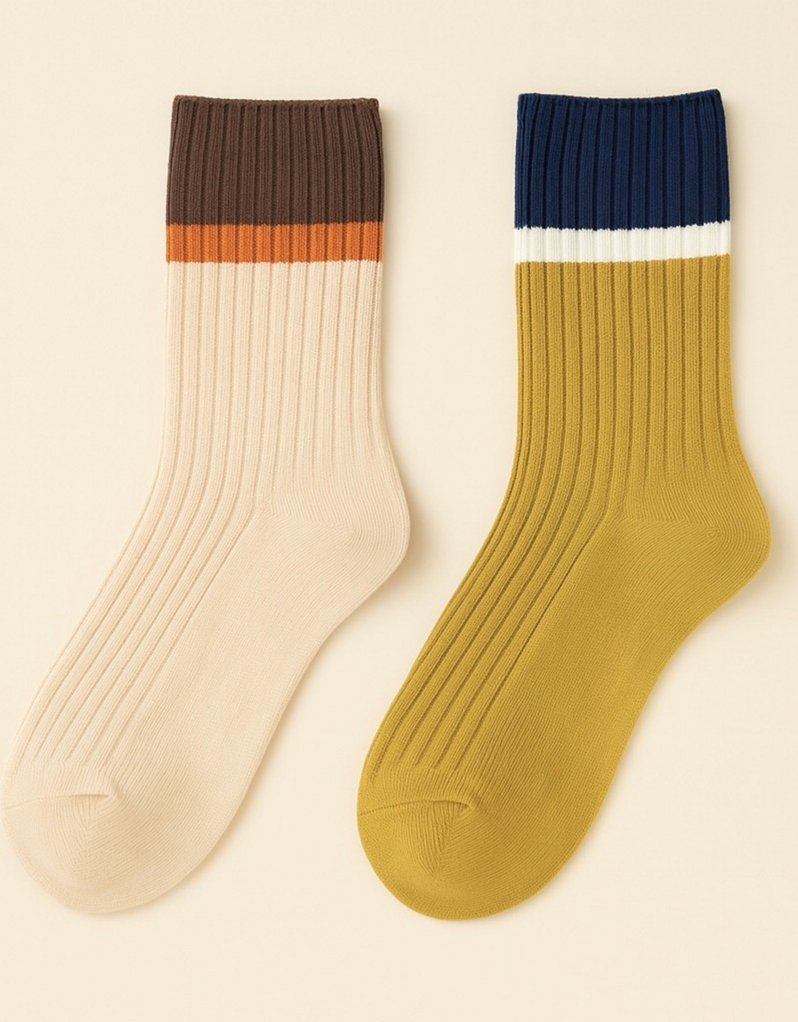 "Barnet" Ribbed Crew Socks with Stripe Detail (2 pack) - Cream/Golden Rod