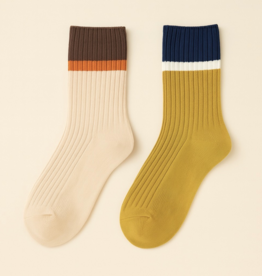 "Barnet" Ribbed Crew Socks with Stripe Detail (2 pack) - Cream/Golden Rod