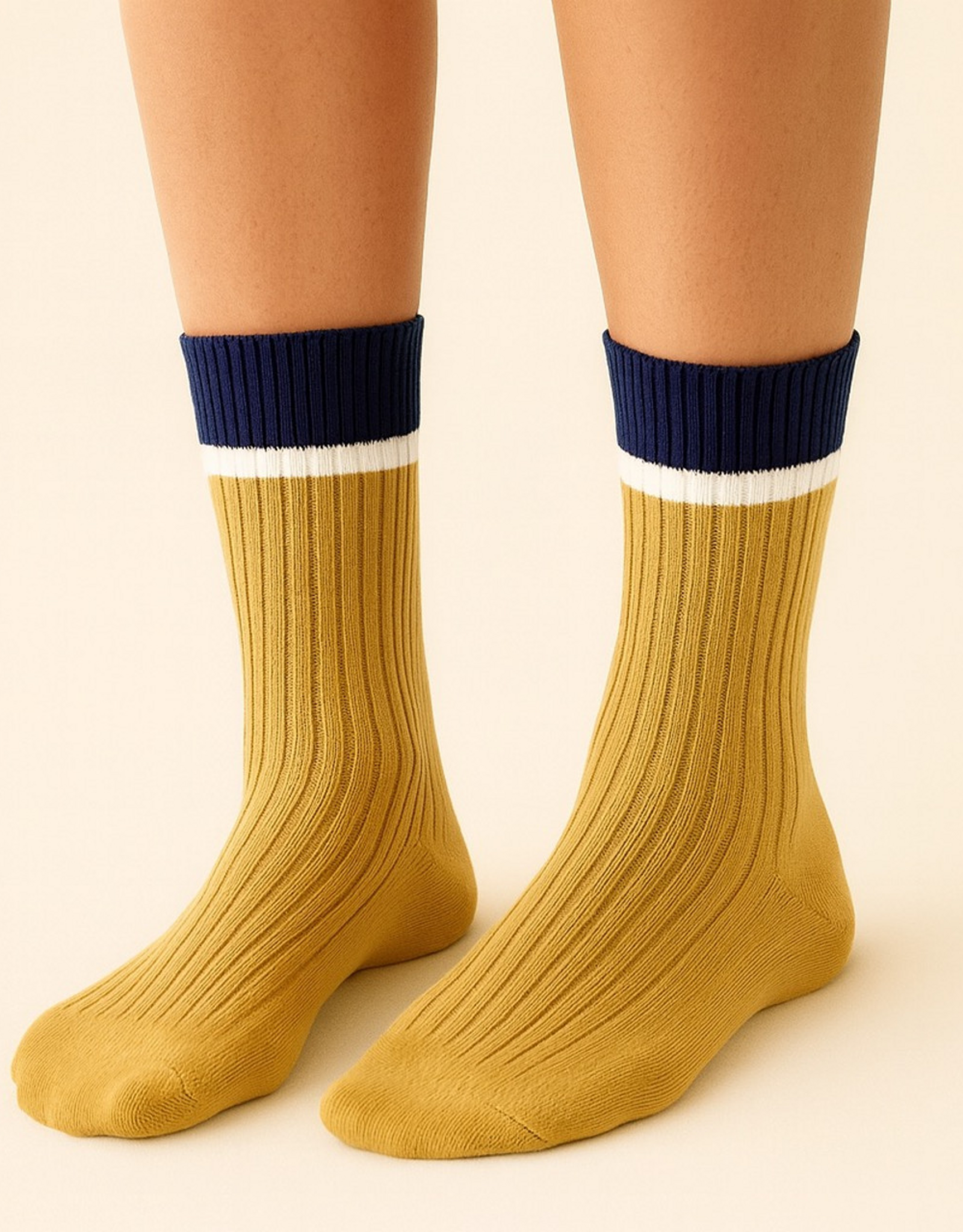 "Barnet" Ribbed Crew Socks with Stripe Detail (2 pack) - Cream/Golden Rod