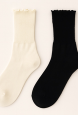 "Mazzy" Crew Socks with Ruffled Edge Detail (2 pack) - Black/Cream