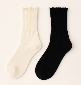 "Mazzy" Crew Socks with Ruffled Edge Detail (2 pack) - Black/Cream