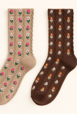 "Chloe" Floral Applique and Pointelle Crew Socks in Espresso & Latte (2 pack)