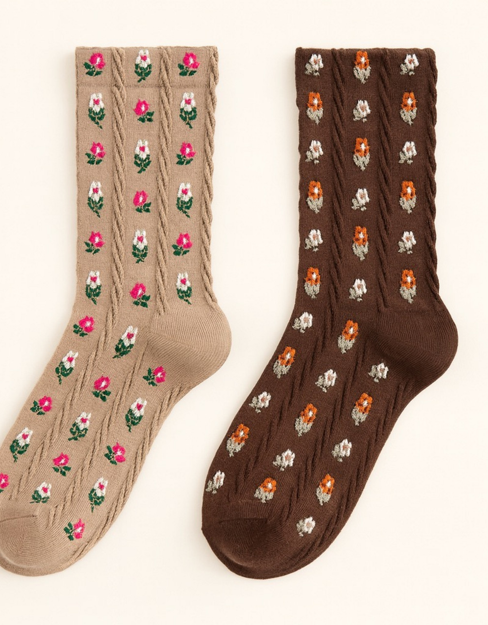 "Chloe" Floral Applique and Pointelle Crew Socks in Espresso & Latte (2 pack)