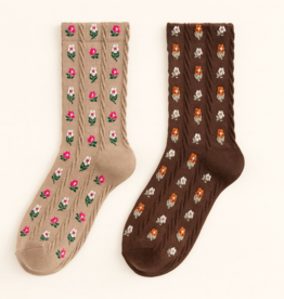 "Chloe" Floral Applique and Pointelle Crew Socks in Espresso & Latte (2 pack)