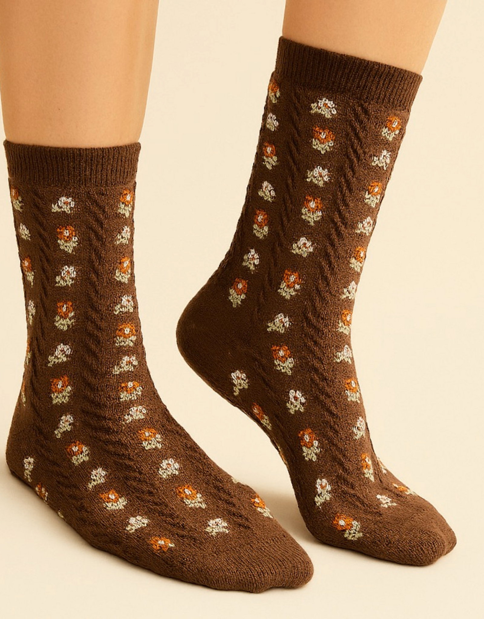 "Chloe" Floral Applique and Pointelle Crew Socks in Espresso & Latte (2 pack)