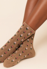 "Chloe" Floral Applique and Pointelle Crew Socks in Espresso & Latte (2 pack)