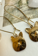 "Miser" Raw Brass Cat Face Drop Earrings