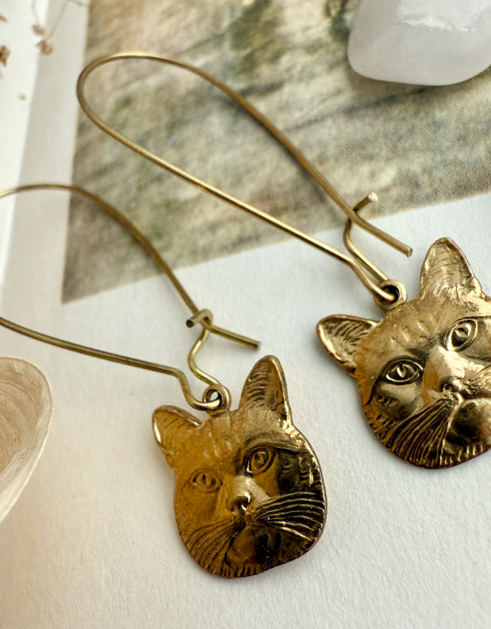 "Miser" Raw Brass Cat Face Drop Earrings