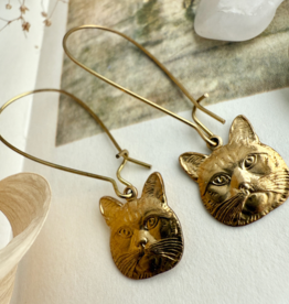 "Miser" Raw Brass Cat Face Drop Earrings