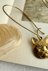 "Miser" Raw Brass Cat Face Drop Earrings