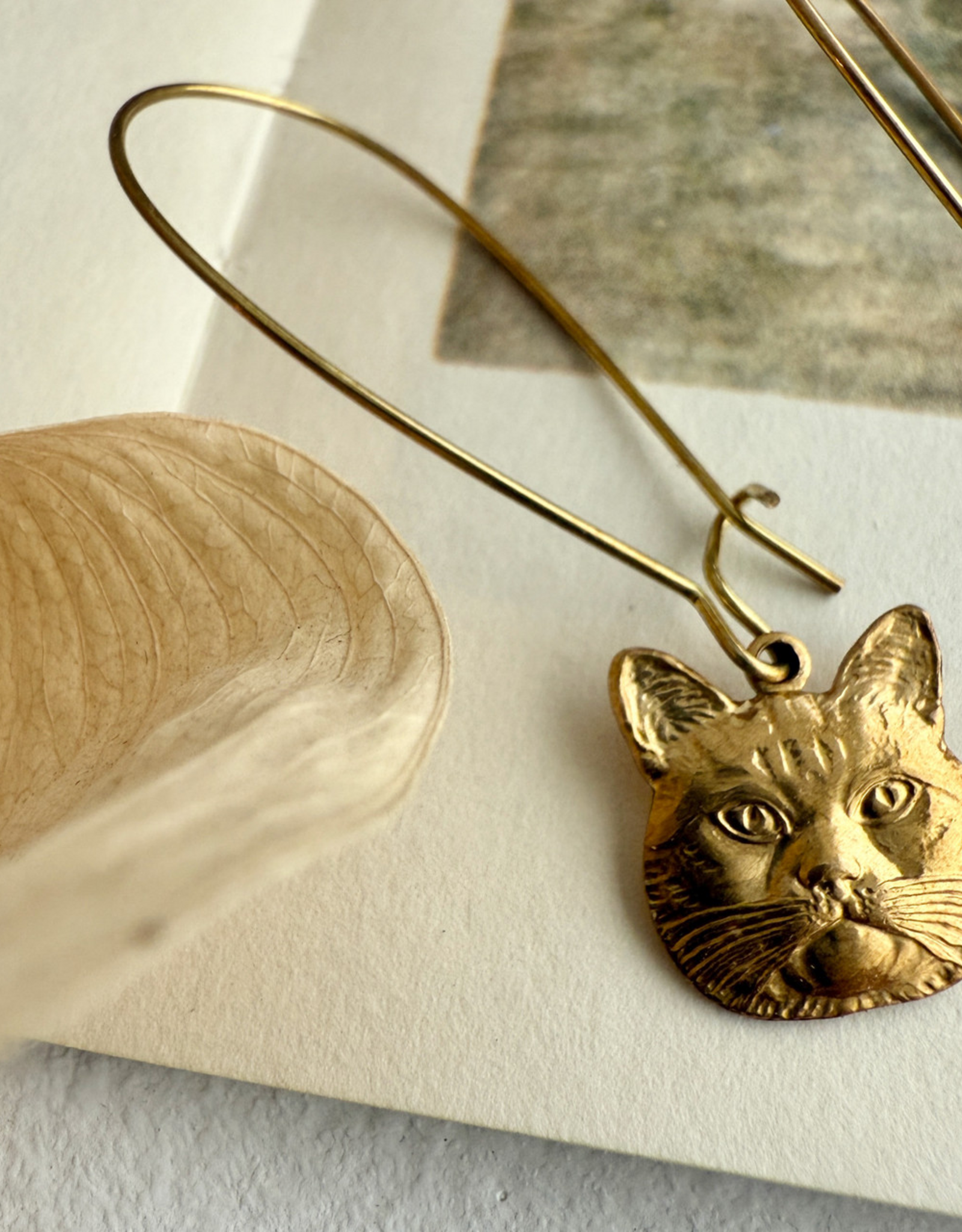 "Miser" Raw Brass Cat Face Drop Earrings