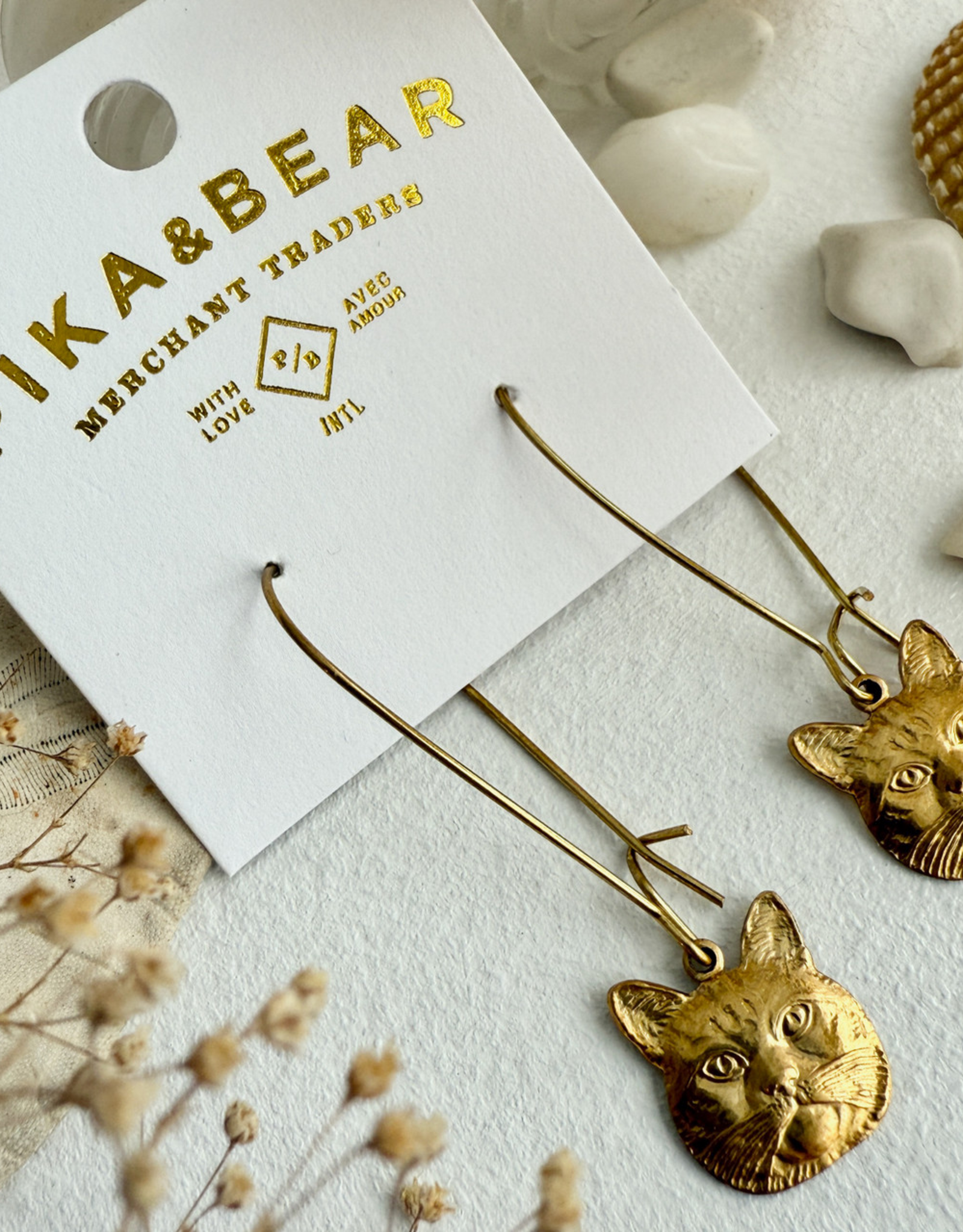 "Miser" Raw Brass Cat Face Drop Earrings