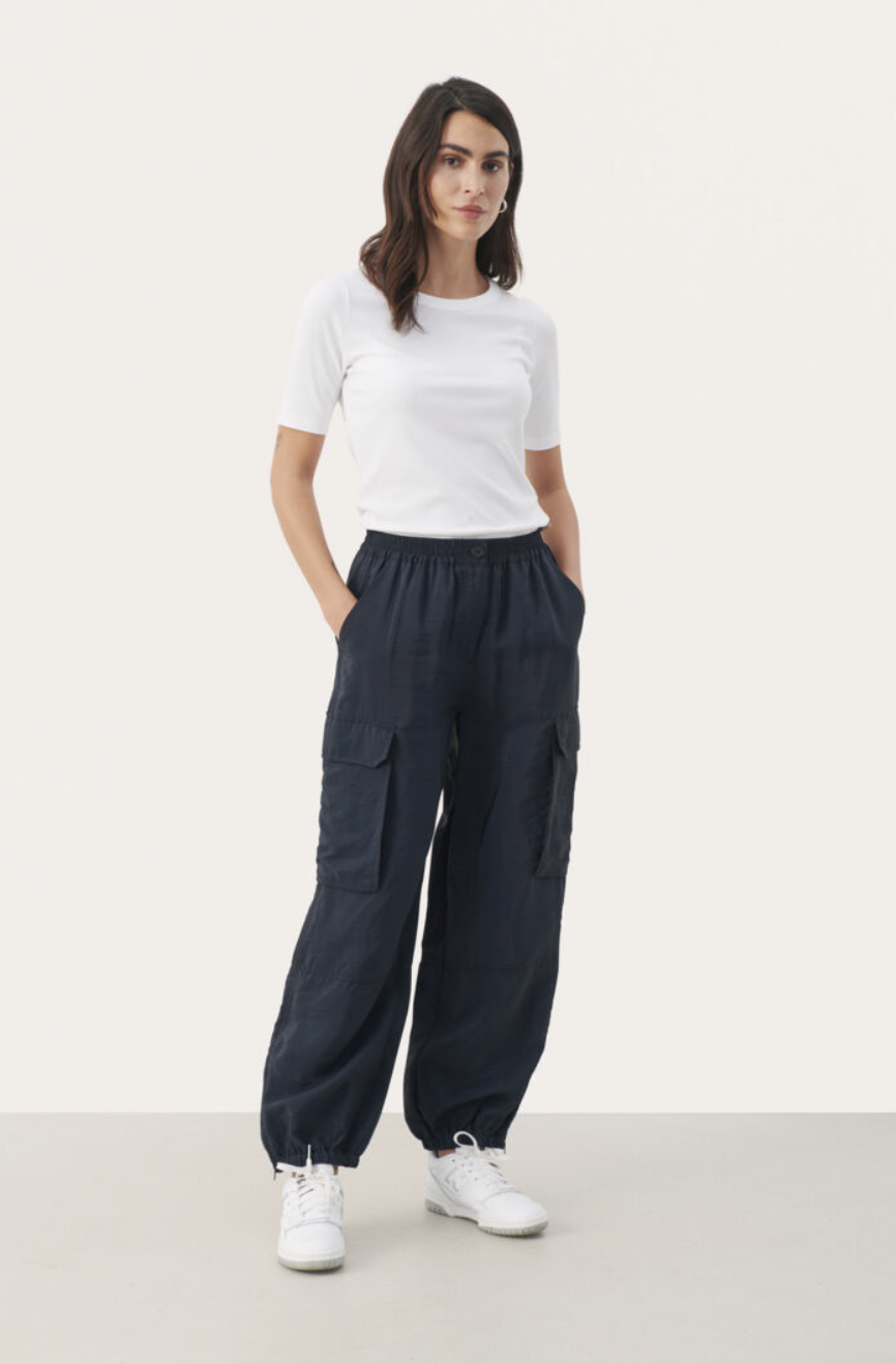 Pintuck navy blue wide-leg pant, Part Two