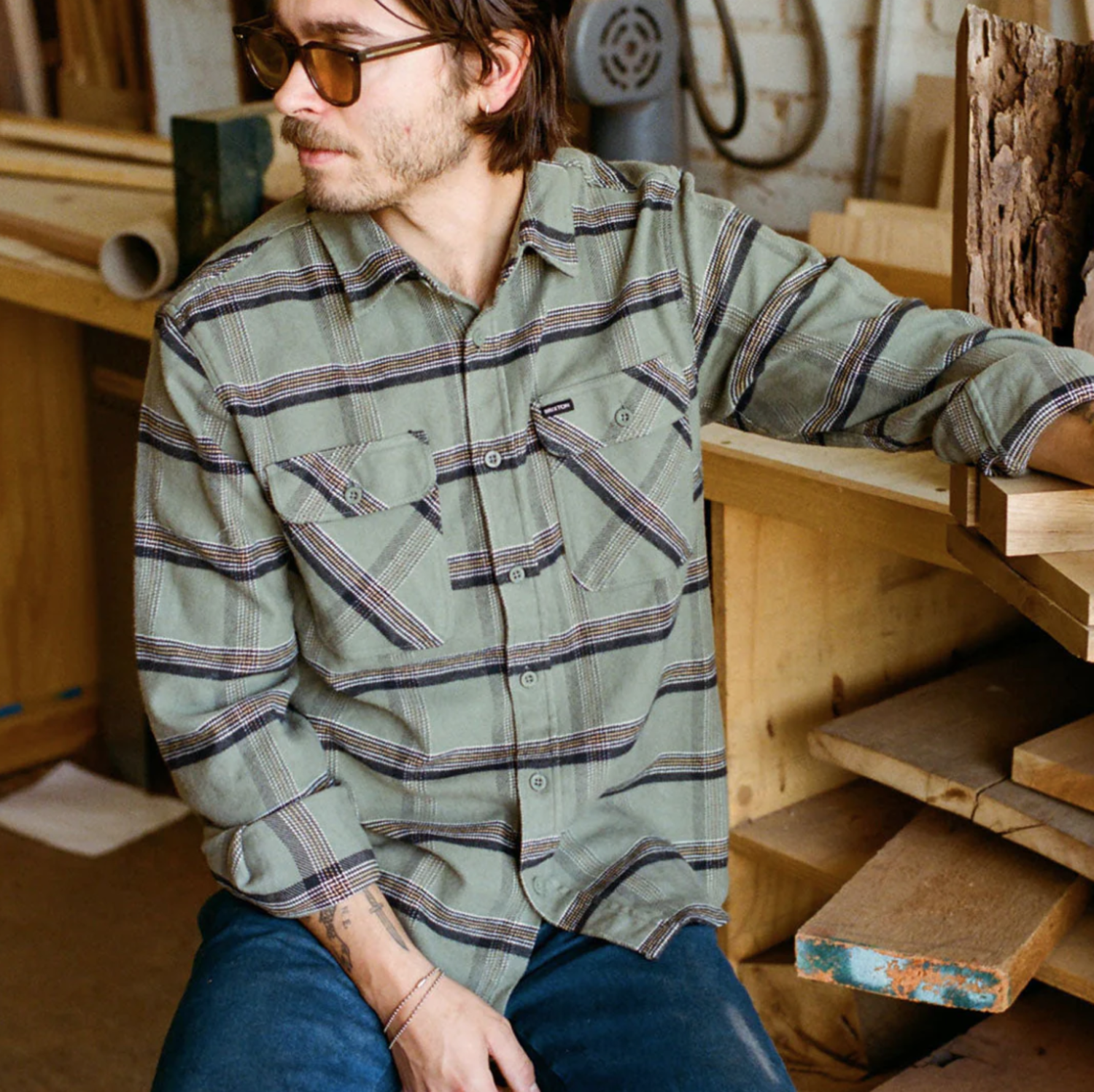 Brixton BOWERY STRETCH WR FLANNEL OLIVE SURPLUS/BLACK/WHITE