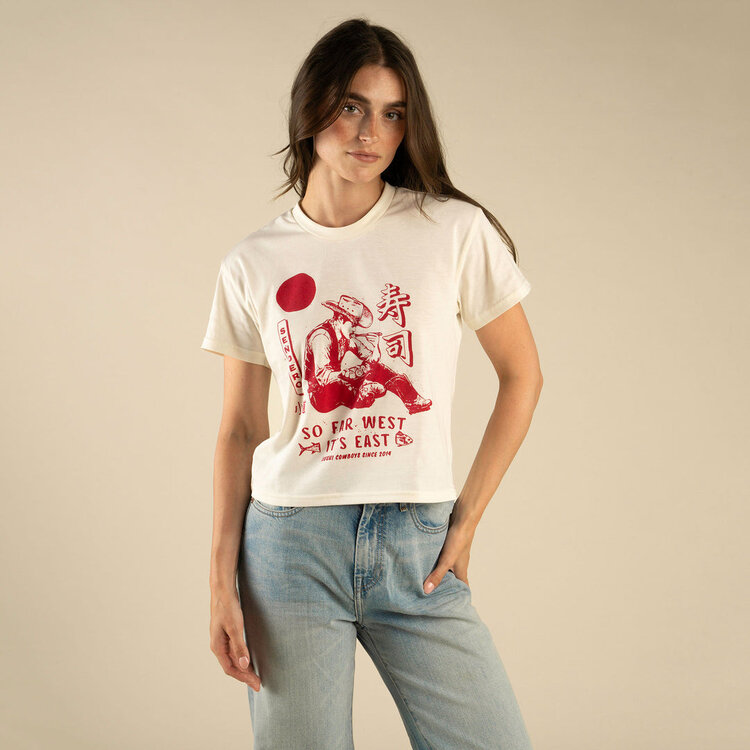 SENDERO SENDERO SO FAR WEST CROP TEE WHITE/ RED PRINT