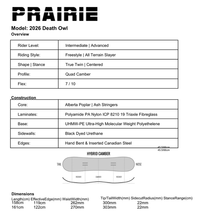 PRAIRIE SNOW & SKATE PRAIRIE 2026 DEATH OWL SNOWBOARD