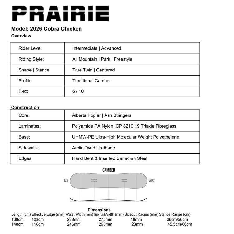 PRAIRIE SNOW & SKATE PRAIRIE 2026 COBRA CHICKEN SNOWBOARD 148cm