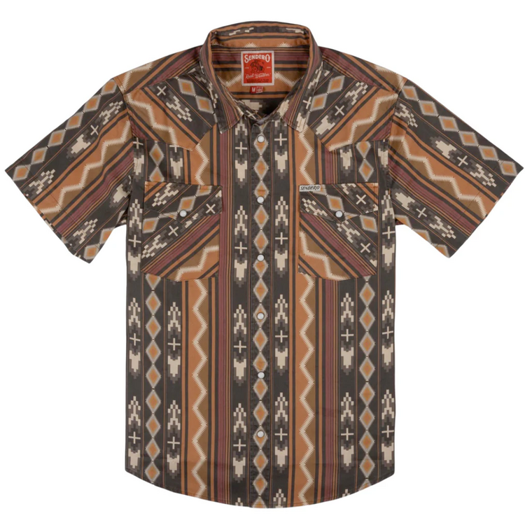 SENDERO Sendero THE WYATT PEARL SNAP SHORT SLEEVE PRINT SHIRT TEMPE STRIPE - BROWN/ORANGE