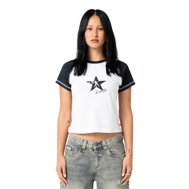 RUSTY RUSTY STARRED DEVIL RAGLAN BABY TEE - WHITE / WASHED BLACK
