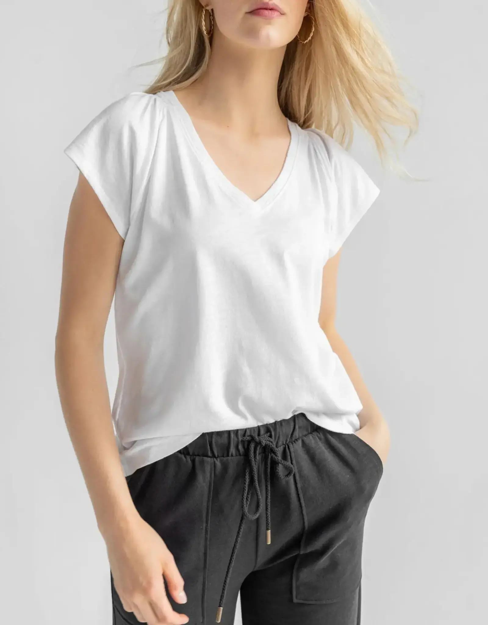 Lilla P Lilla P Shirred Shoulder V-Neck Tee White