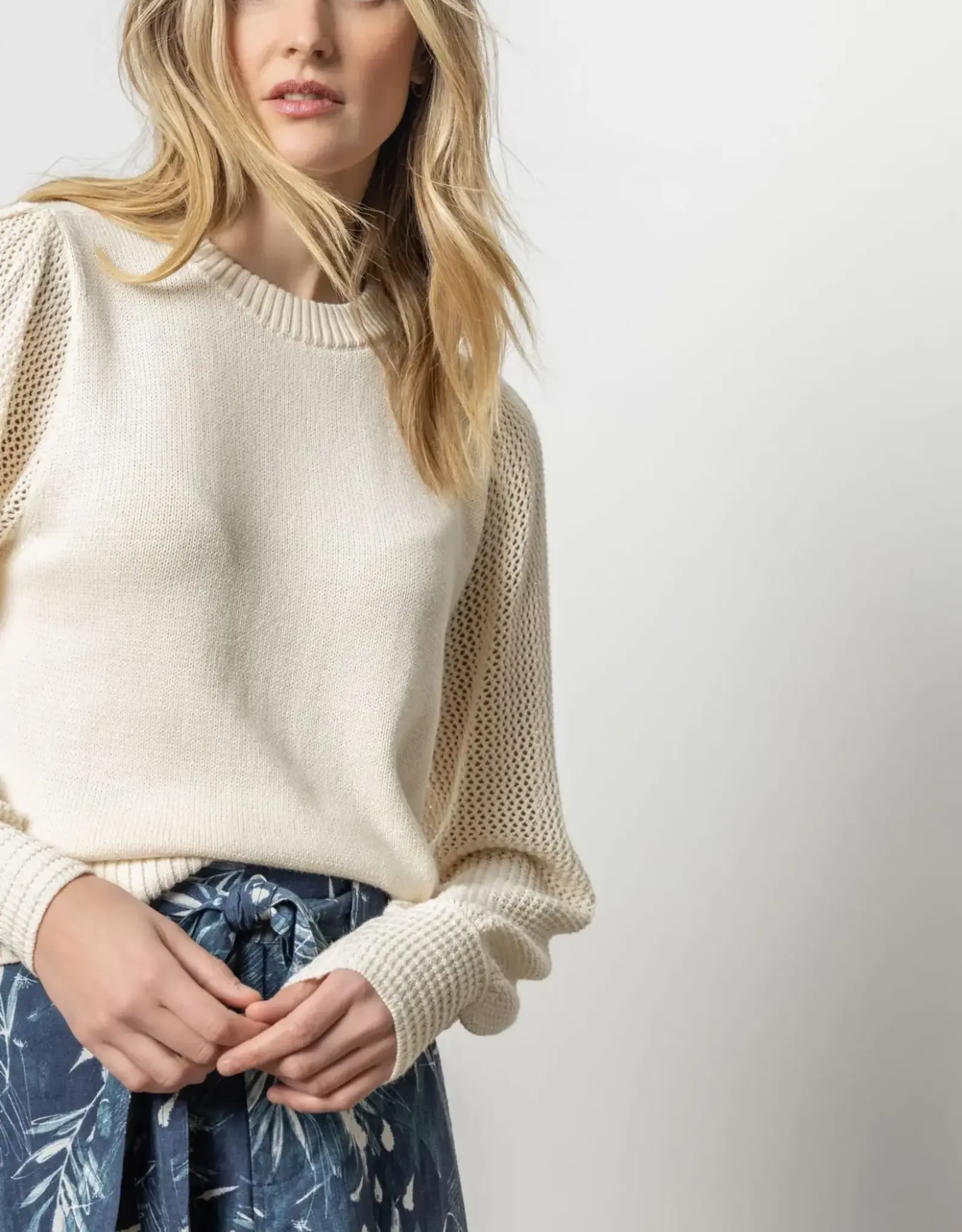 Lilla P Lilla P Pointelle Sleeve Crewneck Sweater