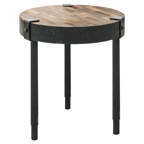 Table d'appoint ronde en métal noir et bois de teck Table d'appoint ronde en métal noir et bois de teck